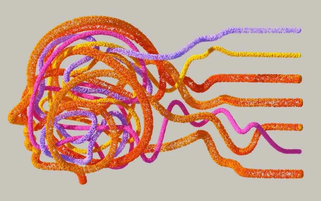 Ilustração abstrata de uma cabeça com linhas confusas, associada à falácia do apostador e à tendência do cérebro para procurar padrões no acaso.