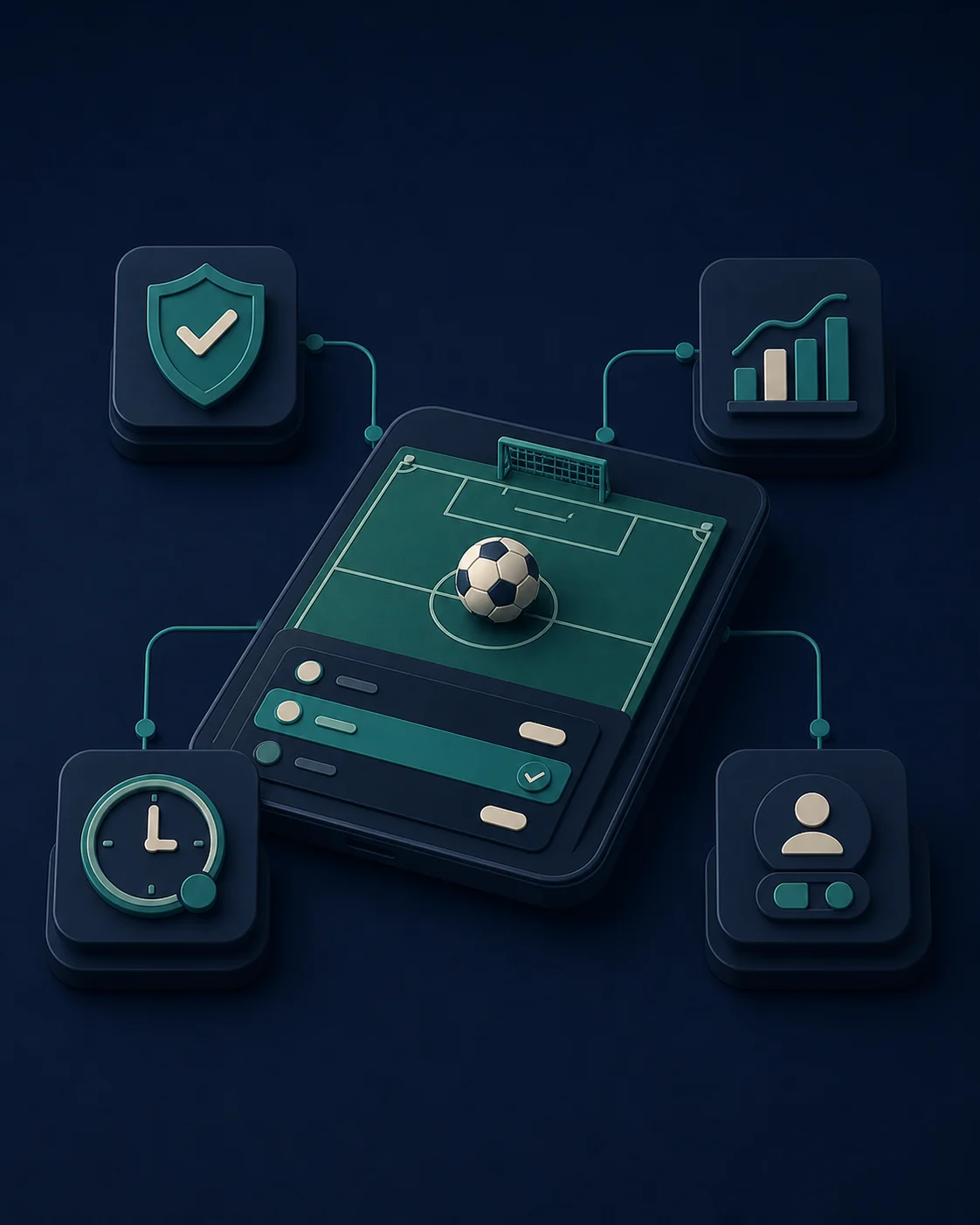 Ilustração de apostas desportivas com campo de futebol, licença, probabilidades e limite de tempo