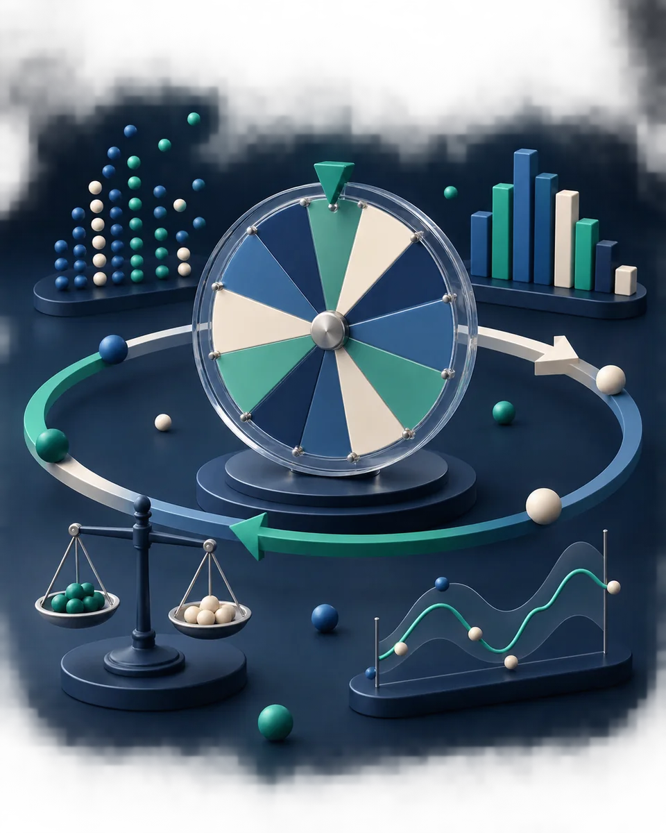 Ilustração de uma roda de probabilidades com distribuições, variação e retorno ao longo do tempo